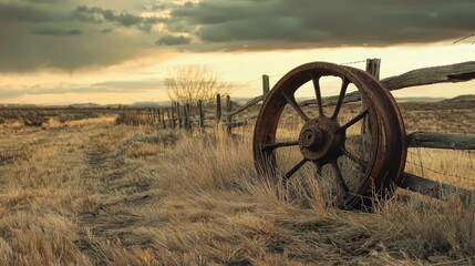 Wall Mural - Rustic Landscape with Old Wagon Wheel Beside Fenced Meadow