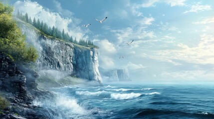 Wall Mural - Serene Coastal Landscape with Cliffs, Waves and Seagulls in Sky