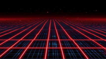 Poster - A mesmerizing digital landscape featuring a dark blue grid pattern illuminated by vibrant red lines and dots. This high-tech design captures a futuristic ambiance ideal for artistic applications