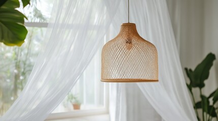 Aufkleber - A woven pendant lamp hangs in a bright room with sheer curtains and indoor plants.