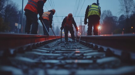 Wall Mural - A group of men are working on a railroad track