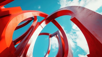 Poster - Abstract red sculpture against a blue sky, showcasing modern artistic design and structure.