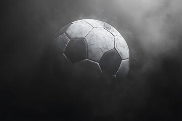 striking soccer ball emerging from misty darkness, evoking excitement