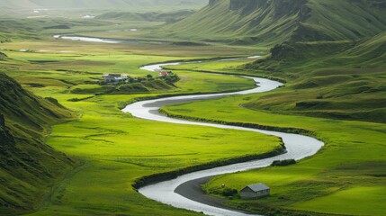 Wall Mural - Serene Landscape of a Winding River Through Lush Green Meadows