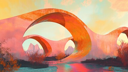 Wall Mural - A surreal landscape featuring abstract arches over a tranquil body of water at sunset.