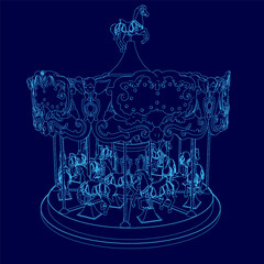 Poster - A blue drawing of a carousel with horses. The carousel is blue and has a blue horse on top