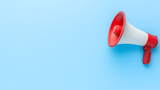 a megaphone on a blue background, in a flat lay style. Web banner with copy space for text