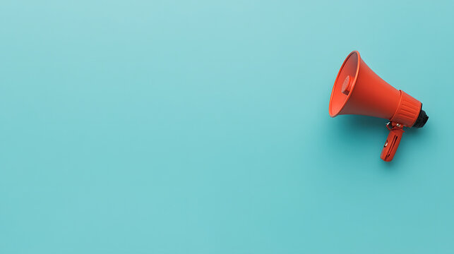 a megaphone on a blue background, in a flat lay style. Web banner with copy space for text