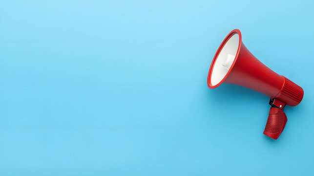 a megaphone on a blue background, in a flat lay style. Web banner with copy space for text