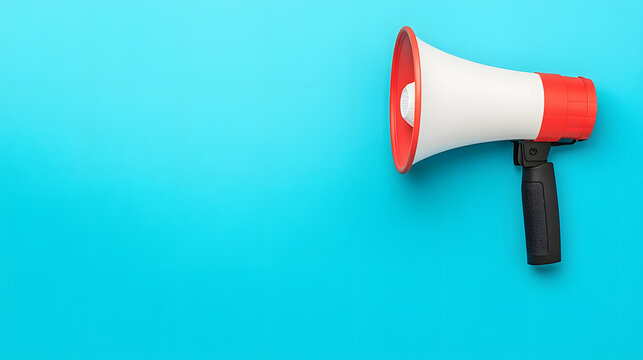 a megaphone on a blue background, in a flat lay style. Web banner with copy space for text