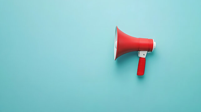 a megaphone on a blue background, in a flat lay style. Web banner with copy space for text