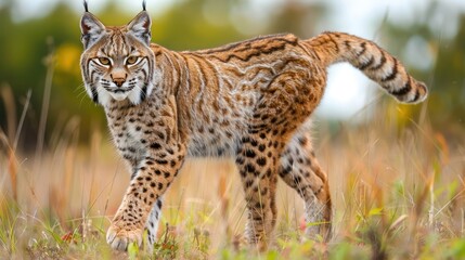 majestic lynx walking gracefully through a sunlit meadow, showcasing its striking fur and keen gaze