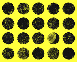 Poster - Grungy textured hand printed circle shapes collection. Linocut vector relief printing round rough textures set. Lino ink grunge label, stamp, badge, frame templates. Artistic circles backgrounds