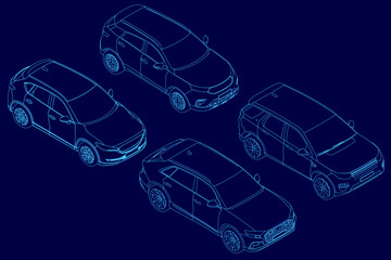 Poster - Four cars are shown in a blue background. The cars are all different shapes and sizes, with one being a small hatchback and the other three being larger vehicles. Isometric view. 3D