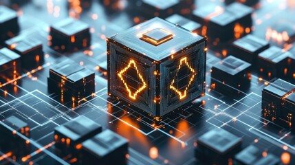Poster - Abstract blockchain structure with glowing futuristic lines forming a decentralized network.