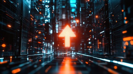 Poster - Abstract concept of business growth with a glowing upward arrow on a futuristic background.