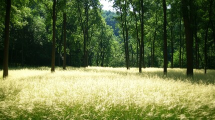 Wall Mural - Sunlit Meadow in a Summer Green Forest Landscape