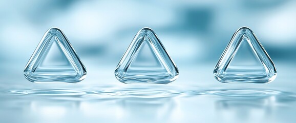 Fototapete - Three glass triangles float on water,  blue background, purity concept