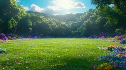 Wall Mural - Sunlit Meadow Spring Flowers Forest Landscape