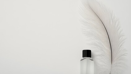 Wall Mural - White feather, clear bottle, minimalist background, product display