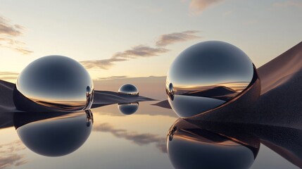 Wall Mural - A surreal landscape featuring reflective spheres on a sandy surface, creating a tranquil scene.