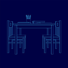Poster - a blue table with two chairs and a pencil holder. the table is set up for a child to do homework