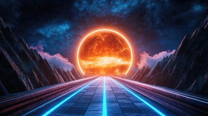 Poster - Abstract digital road leading towards a glowing success symbol.