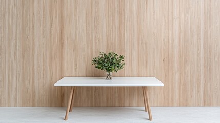 Wall Mural - Minimalist room, white table, plant, wood wall, interior design