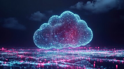 Poster - Abstract representation of cloud computing with floating digital connections.