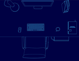 Poster - A computer desk with a keyboard, mouse, and a book titled 
