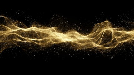 Poster - Abstract wave of glowing particles forming a digital network on a black background.