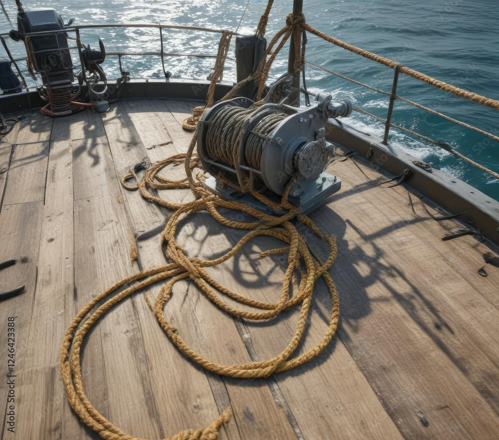 Ropes and winches in use on a small fishing vessel's deck, marinas ...