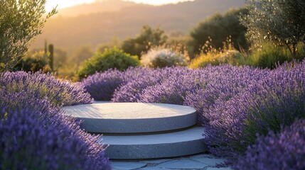 Poster - A fragrant lavender garden glows as the sun sets, casting warm light on a circular stone pathway. Lush purple blooms line the edges, creating a peaceful retreat in nature, perfect for relaxation