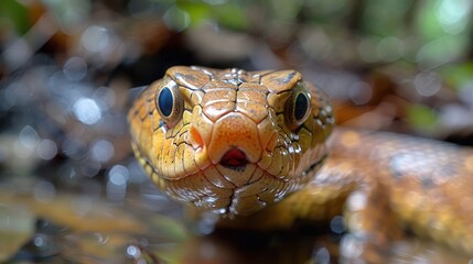 Close-up of a vibrant snake in a lush, natural habitat with blurred foliage in the background