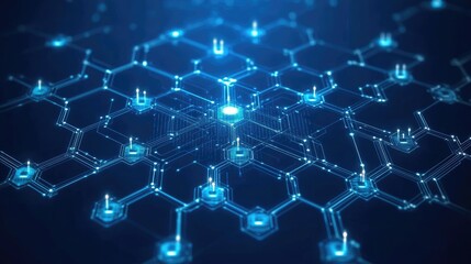 Poster - Blockchain technology concept with decentralized network nodes and a glowing circuit.