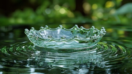 Poster - A beautifully crafted glass dish rests gently on a calm water surface, creating mesmerizing ripples that dance in the sunlight. The surrounding lush greenery enhances the serene atmosphere