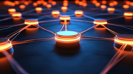 Poster - Blockchain technology concept with decentralized network nodes and a glowing circuit.