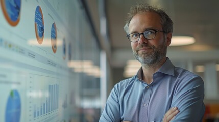 Poster - Professional man analyzing data visualizations in modern office environment