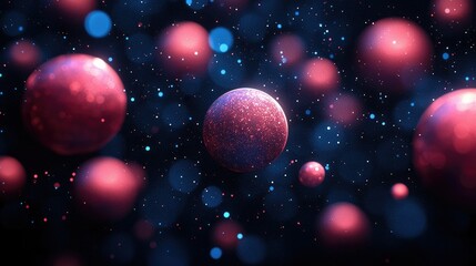 Poster - Glittering Pink Spheres Float in a Dark Blue Nebula