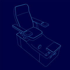 Poster - A blue drawing of a foot bath with a chair. The chair has a back and arm rests