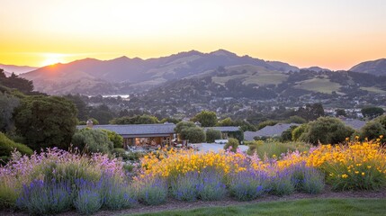 Canvas Print - Sunset Over Rolling Hills and Blooming Wildflowers