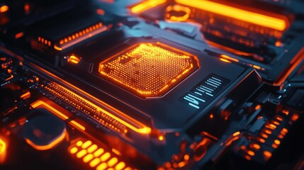 Poster - Close-up of a mining GPU with glowing heat dissipators and blockchain code overlay.