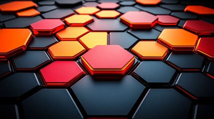 Canvas Print - Abstract Hexagonal Pattern with Vivid Red and Orange Colors in a Modern Technological Design Style.