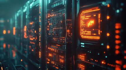 Poster - Cryptocurrency mining farm with rows of powerful GPU rigs glowing in a dark setting.