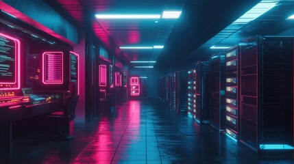 Poster - Cryptocurrency mining farm with rows of powerful GPU rigs glowing in a dark setting.