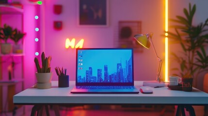 Poster - Cyberpunk-style laptop setup with vibrant neon lights and futuristic interface.