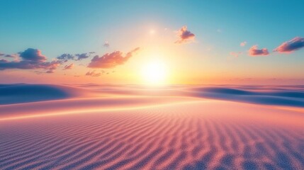 Poster - Vast desert extends endlessly beneath a vibrant sky as the sun sets, casting warm hues across rolling dunes. Soft ripples in the sand reflect the tranquil beauty of twilight