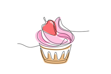 Wall Mural - Continuous line drawing of Muffin cake with strawberry and colored shapes. One single line style drawing of cupcake. Sweet pastry. Hand drawn Doodle sketch concept editable stroke. Vector Illustration