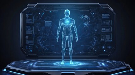 Poster - Digital communication network with futuristic holographic UI.