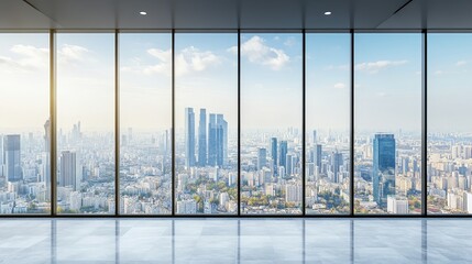 Aufkleber - Blurred glass wall with a cityscape background creating a modern abstract effect. Contemporary urban architecture with a soft focus for banner design, business, and technology concepts